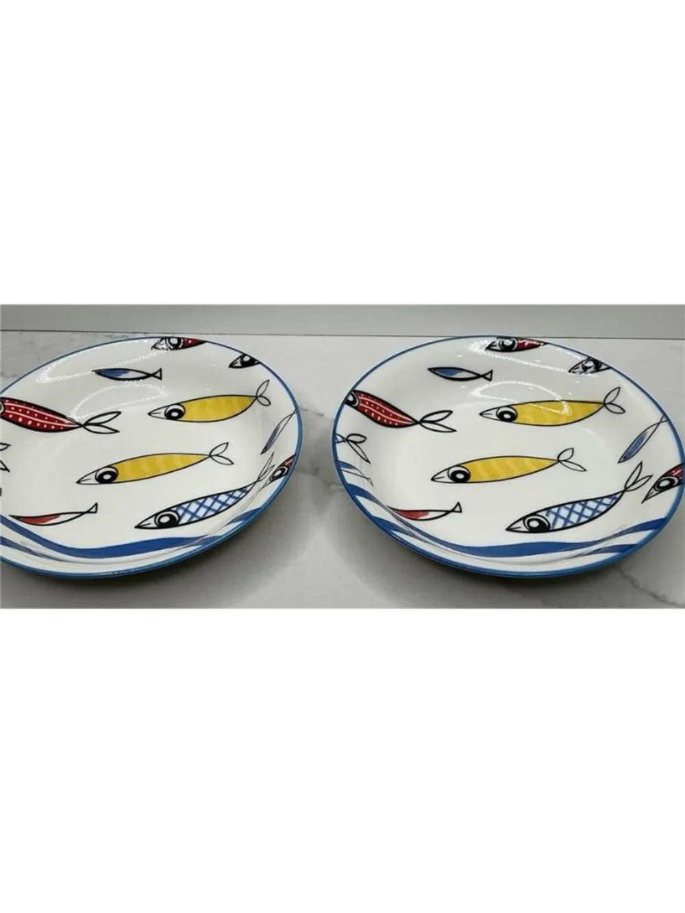 2 Signature Housewares Cat Bowl Fish School 6” Stoneware Blue Yellow Red New